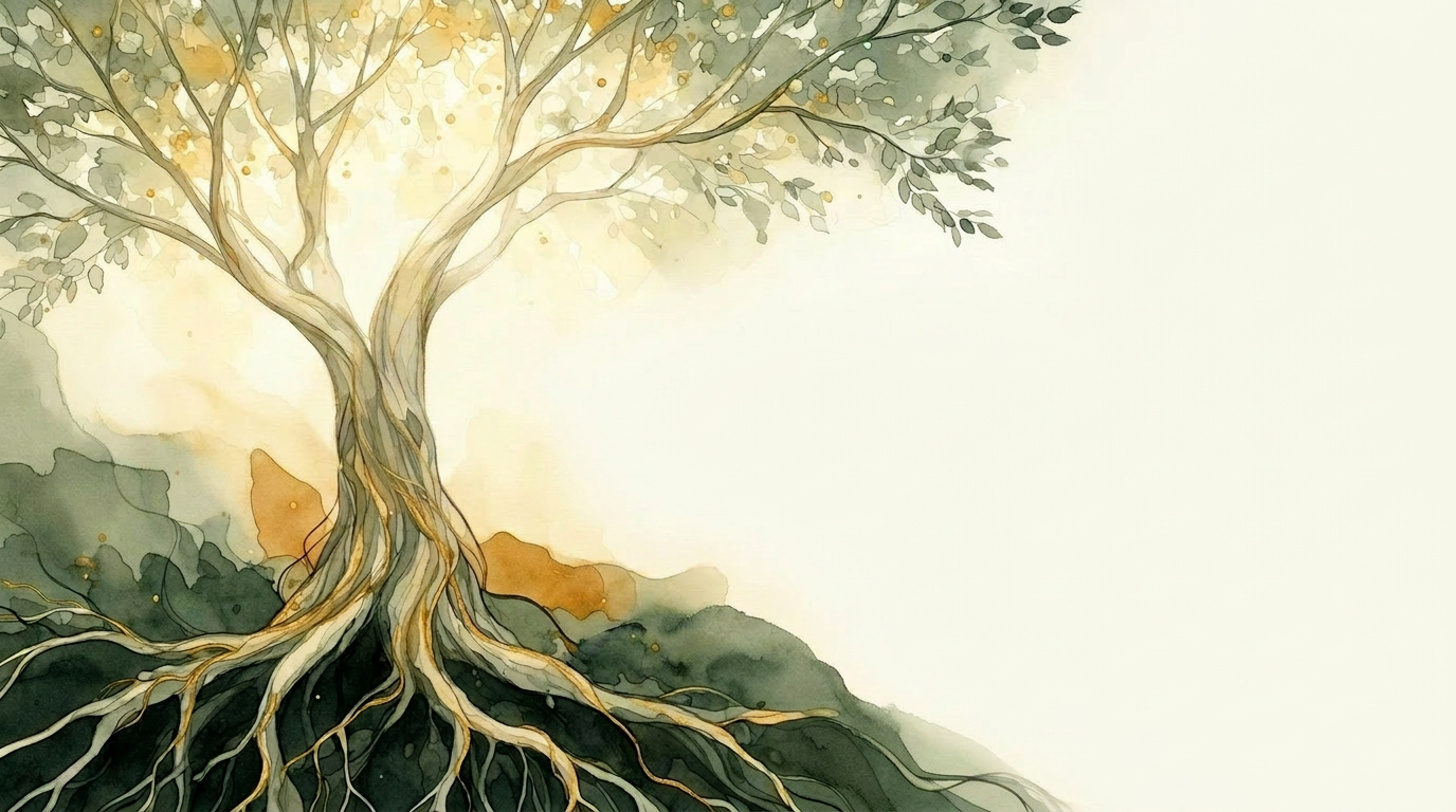 An abstract illustration of roots, branches, and networks of light